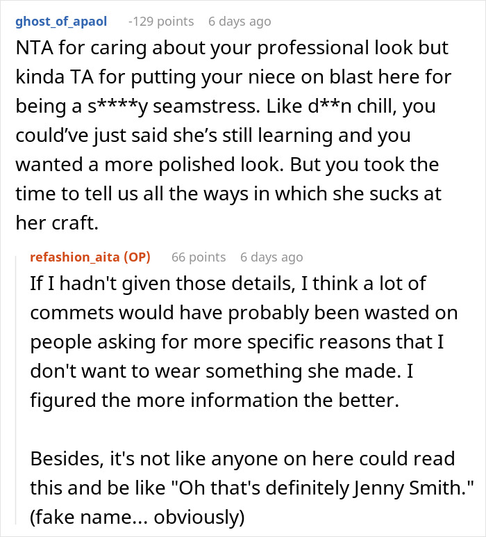 Reddit conversation about woman refusing to wear niece&rsquo;s handmade dress for career event, citing poor craftsmanship.