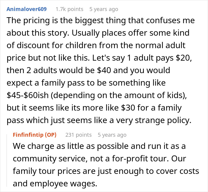 Screenshot of an online discussion about tour company policies after turning away a childfree couple from a family tour. - 28