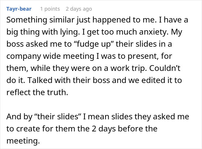 Comment about boss&rsquo; request to fudge data for slides, refusing to lie and choosing to present truthful information instead.