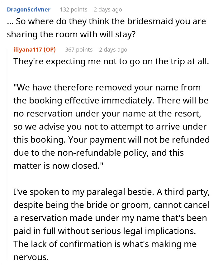 Reddit conversation discussing bride trying to cancel guest’s resort room, sharing legal concerns and payment issues. - 11