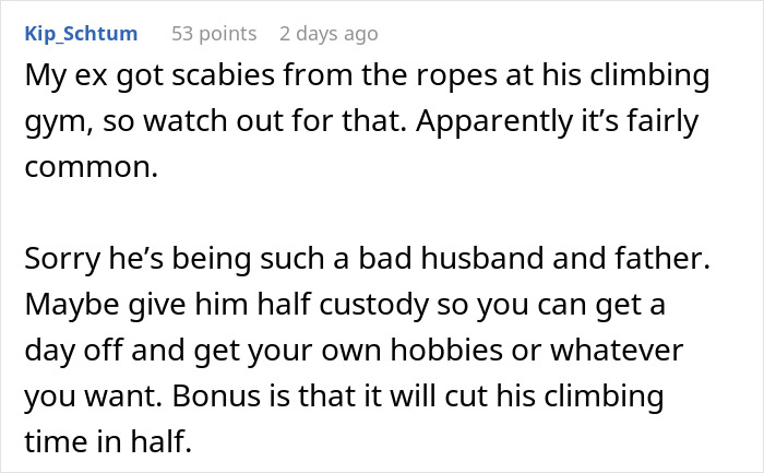 Text post about a mom feeling like she failed as her marriage falls apart due to husband's new climbing hobby.