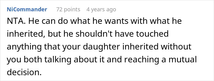 Screenshot of a forum comment discussing husband's promise of daughter's inheritance to freeloader sister and wife's reaction. - 24