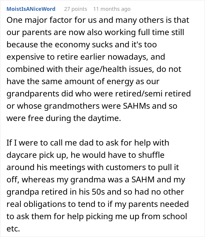 Text comment discussing how modern parents differ from grandparents due to work demands and health, impacting energy levels. Text comment discussing how modern parents differ from grandparents due to work demands and health, impacting energy levels.