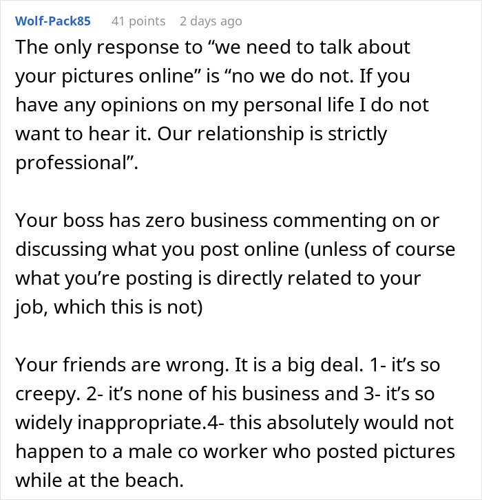 Comment discussing why a boss doesn’t want employee bikini pictures posted, emphasizing online privacy and professionalism. - 24
