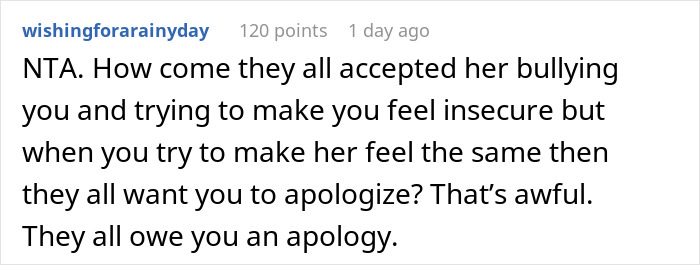 Reddit comment criticizing acceptance of bullying and demanding an apology for unfair treatment in an online discussion. - 24