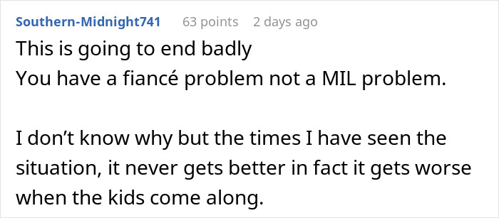 Screenshot of a comment discussing issues between fiancee and mother-in-law over house key and relationship problems. - 17