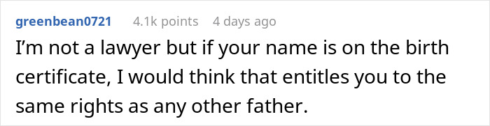 Screenshot of a Reddit comment discussing father’s rights and birth certificate in a heartfelt parenting conversation. - 23