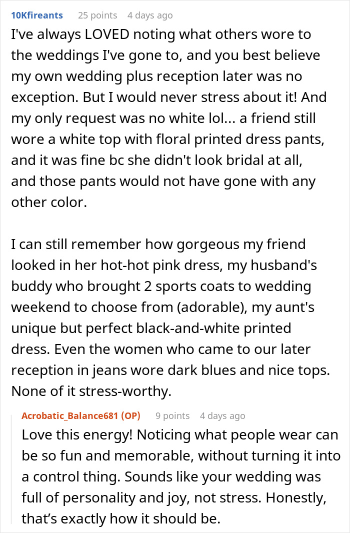 Screenshot of a Reddit conversation discussing wedding attire, focusing on neutrals and wearing color at weddings.