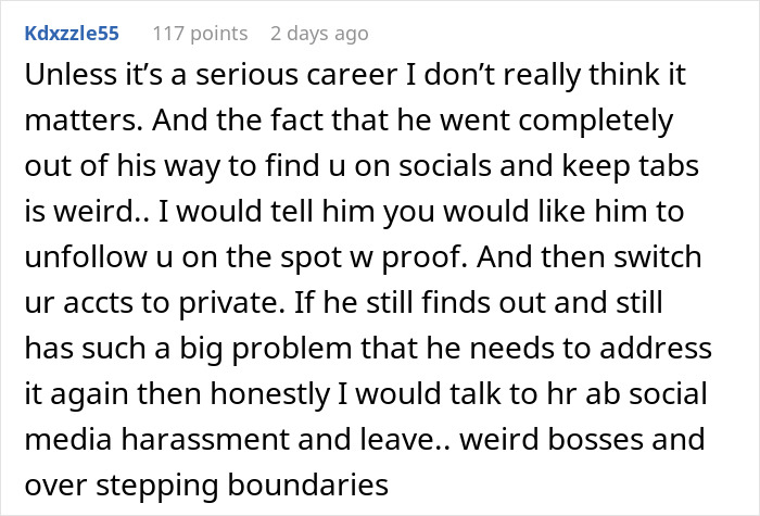 Comment discussing a boss who doesn’t want employee bikini pictures posted and concerns over social media boundaries. - 13