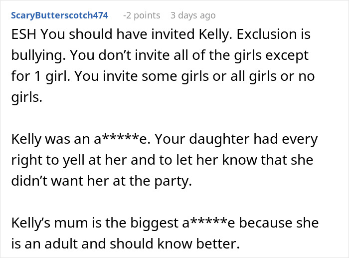 Screenshot of a Reddit comment discussing exclusion and apology involving a mom, unwanted guest, and daughter’s party. Screenshot of a Reddit comment discussing exclusion and apology involving a mom, unwanted guest, and daughter’s party.