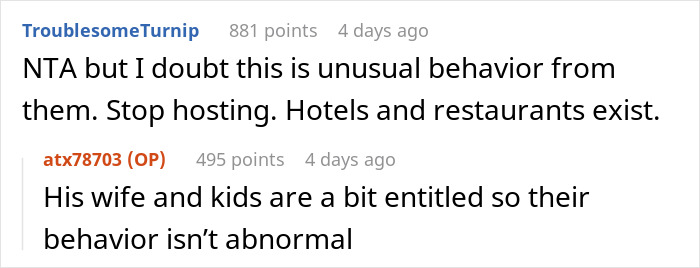 Screenshot of an online discussion about entitled family behavior leading to hunger and being banned from visits.