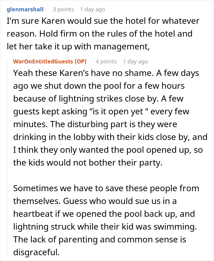 Comment discussing an obnoxious Karen demanding to use a hotel pool after it's been closed due to lightning safety concerns. - 24