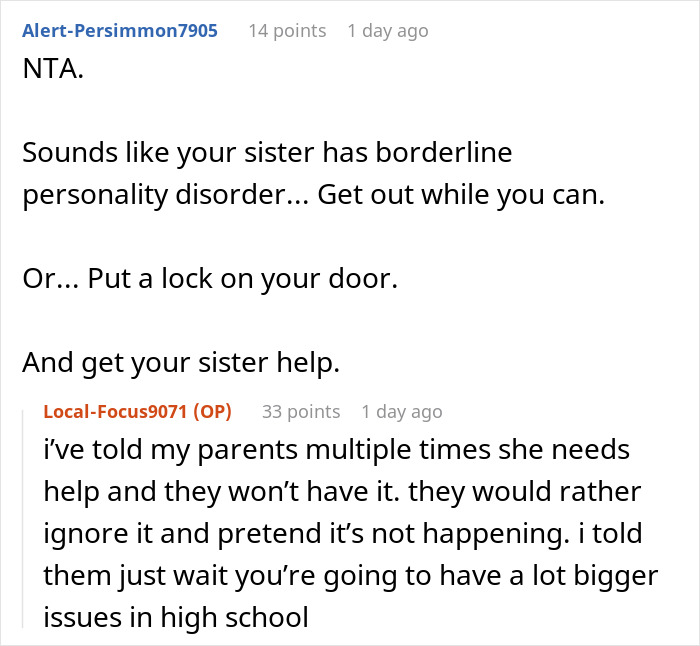 Reddit comments discussing 18YO sibling moving out due to 13YO sister’s behavior and need for help. - 22