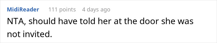 Screenshot of an online comment about a mom inviting an unwanted guest to her daughter’s party, discussing apology outcomes. Screenshot of an online comment about a mom inviting an unwanted guest to her daughter’s party, discussing apology outcomes.