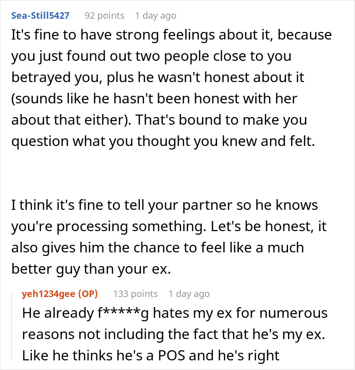 Comment discussing a woman revisiting a past breakup after learning her friend was the other woman in the relationship. - 19