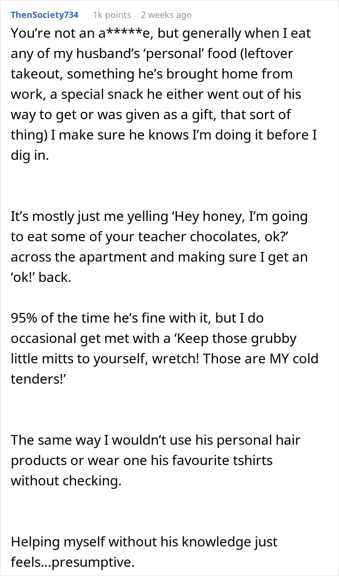 Text post about wife wanting to have her birthday cake and eat it too, upset when husband eats her week-old treat.