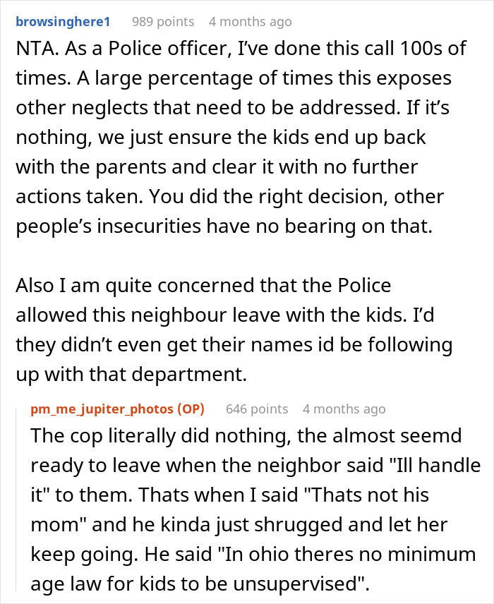 Screenshot of a Reddit discussion about a guy&rsquo;s neighbor having a meltdown after calling cops on a 2-year-old wandering alone.