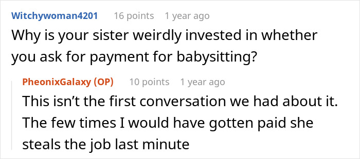 Screenshot of an online discussion about a teen asking to be paid for babysitting and a mom&rsquo;s reaction to it.