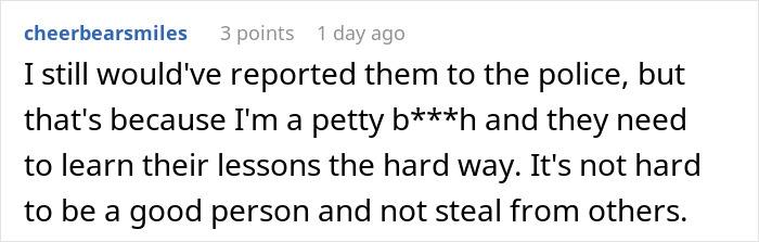 Text post from Reddit user cheerbearsmiles expressing frustration about stealing and learning lessons the hard way. - 84