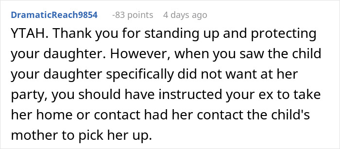 Comment criticizing a mom who invited an unwanted guest to her daughter’s party, suggesting better handling of the situation. Comment criticizing a mom who invited an unwanted guest to her daughter’s party, suggesting better handling of the situation.