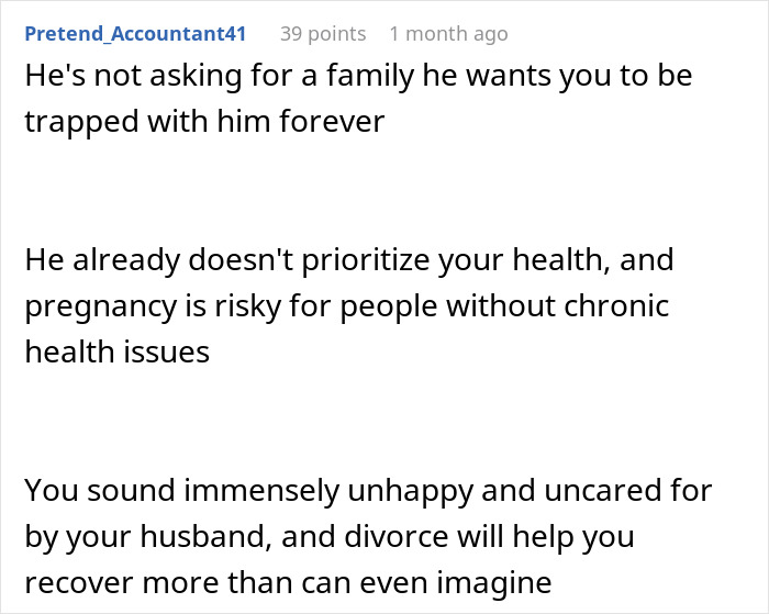 Comment discussing husband's demands for a child and the wife's decision to give divorce papers instead. - 35