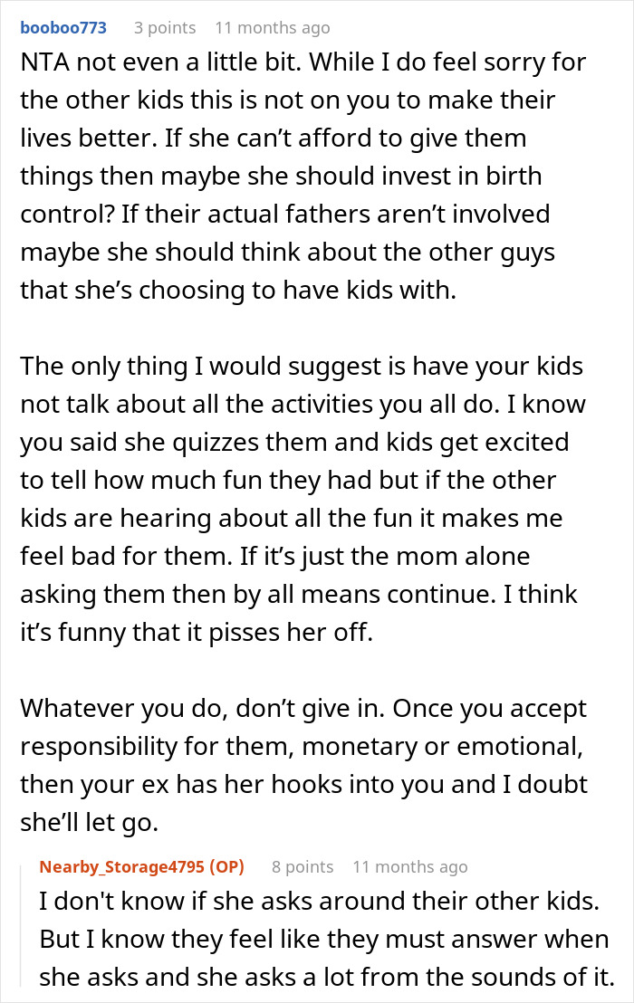 Text conversation discussing a woman cheating and expecting partner to care for her children with other men.