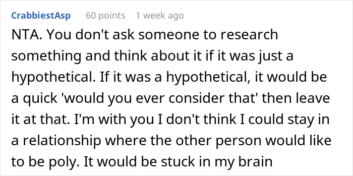 Text comment on a forum discussing feelings of heartbreak and discomfort about a husband suggesting trying out polyamory after one year of marriage. - 33