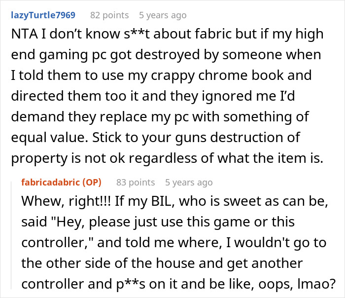 Reddit discussion about woman’s $25 yard fabric ruined by guest’s kids and reactions to replacement request. - 32