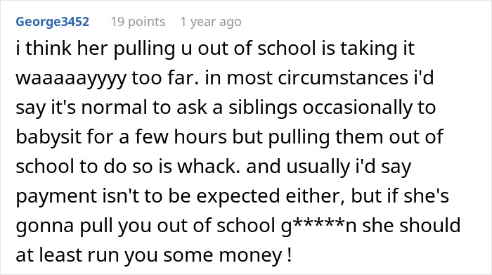 Comment discussing teen babysitting and mom&rsquo;s reaction to being asked for payment due to a nail appointment conflict.