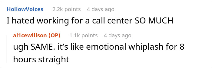 Screenshot of a Reddit conversation where users discuss their frustration with working in a call center.
