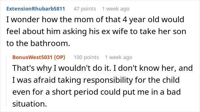 Online forum conversation about a lady refusing to let ex&rsquo;s stepkid use her bathroom, suspecting he wants to snoop.