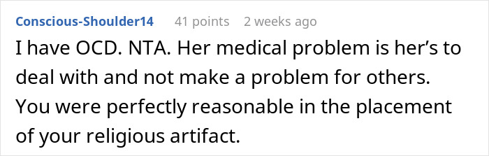 Reddit comment discussing roommate&rsquo;s Jewish traditions triggering OCD and handling religious artifacts respectfully.