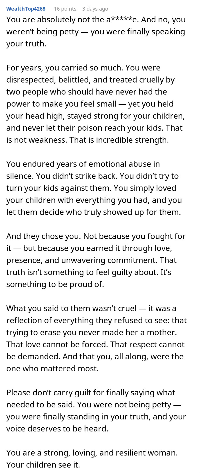 Text post about emotional strength and resilience of a woman after her kids go no-contact with their dad.