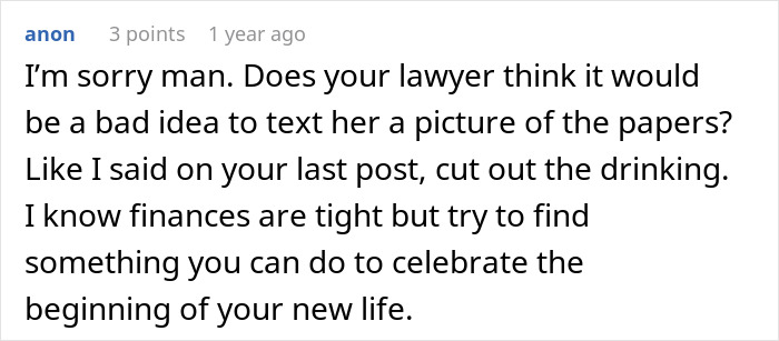 Text comment about a woman planning to leave her husband and start a new life, focusing on finding herself.