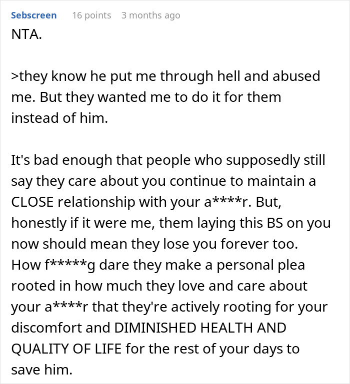 Screenshot of a Reddit comment discussing refusal to donate an organ due to a painful childhood and abusive father.