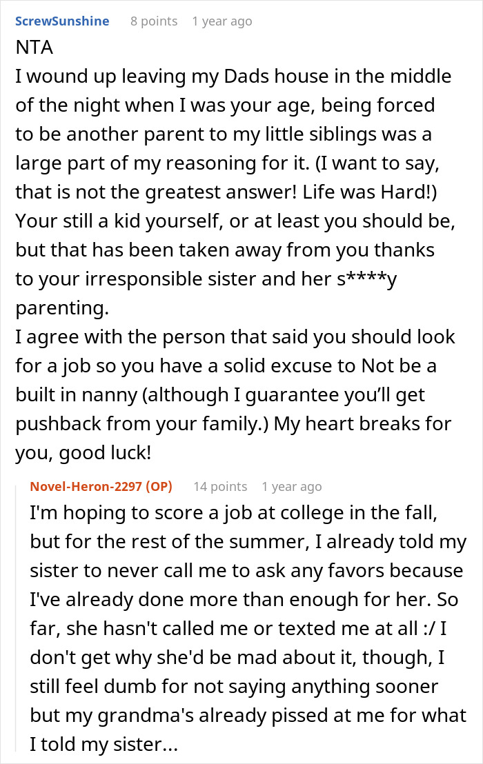 Reddit discussion about a 17-year-old setting boundaries after years of unpaid babysitting and lack of respect. - 28