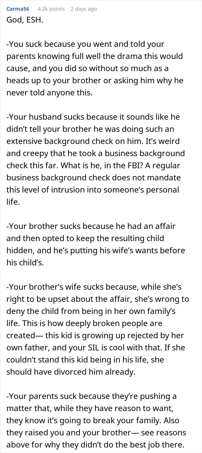 Text post discussing family drama as man might get divorced after nosy sister reveals secret kid, causing tension and anger. Text post discussing family drama as man might get divorced after nosy sister reveals secret kid, causing tension and anger.