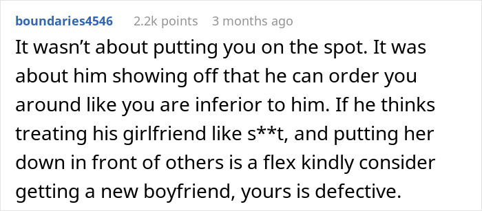 Text post discussing a boyfriend getting mad when his girlfriend refuses to pay in front of friends. - 13