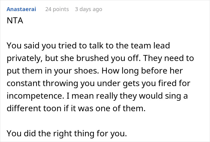 Screenshot of a Reddit comment discussing a worker labeled a snitch after complaining to HR about being a team lead's scapegoat. Screenshot of a Reddit comment discussing a worker labeled a snitch after complaining to HR about being a team lead's scapegoat.