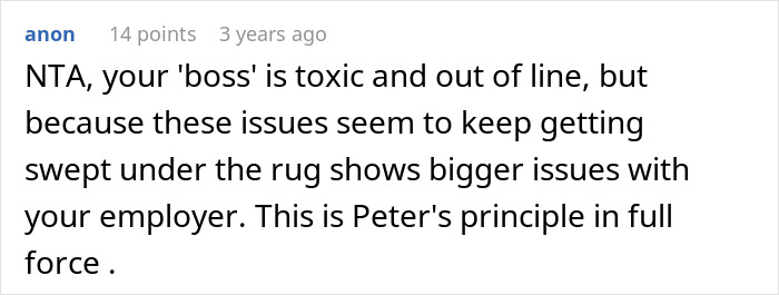 Screenshot of an online comment accusing a boss of toxic behavior and highlighting issues with employer&rsquo;s management.