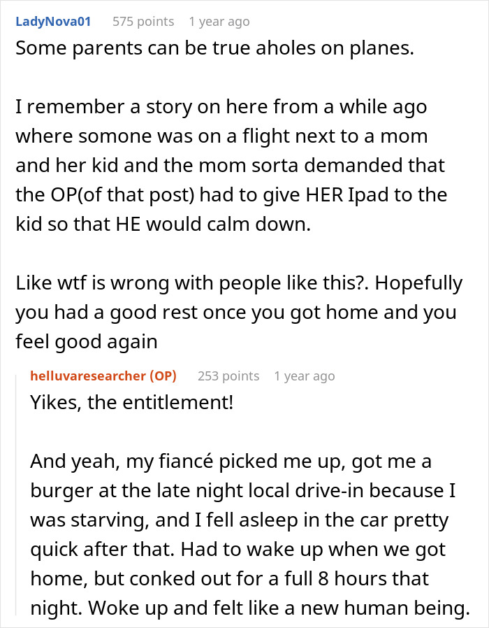 Reddit comments discussing a woman blamed for rowdy kids during flight while parents sat behind her and got drunk. - 21