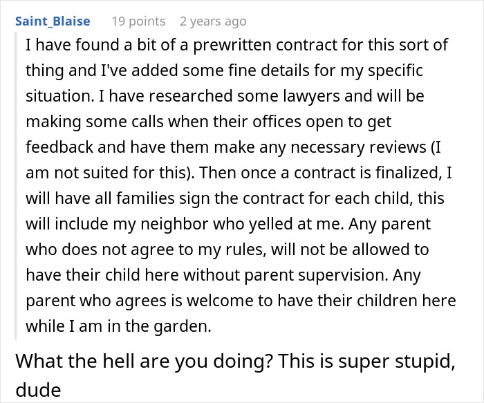 Screenshot of a Reddit comment discussing banning children from property due to entitled parent and setting rules. - 32