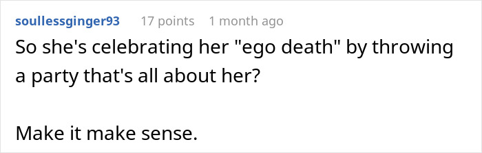 Screenshot of a social media comment expressing confusion about a sister&rsquo;s rebirth party and the guy&rsquo;s discomfort attending it.