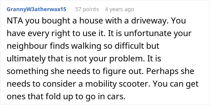 Comment discussing driveway ownership rights of a disabled woman and suggesting mobility scooter options for neighbor.