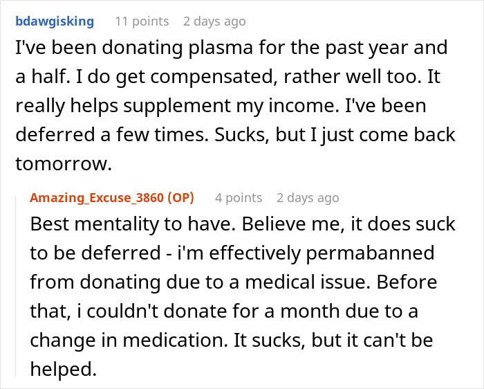 Comments discussing plasma donation experiences, payment, and challenges including deferrals and medical issues. Comments discussing plasma donation experiences, payment, and challenges including deferrals and medical issues.