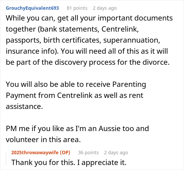 Reddit post advising on gathering documents and receiving payments during divorce, highlighting issues in a struggling marriage.
