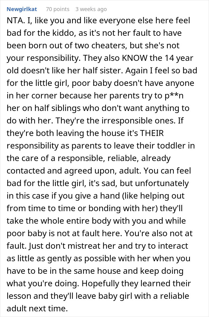 Comment discussing teen refuses to babysit and leaves 5-year-old alone, highlighting parental responsibility and child care concerns. - 30