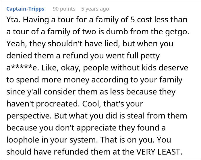 Screenshot of a user comment discussing a tour company bombarded with bad reviews after turning away a childfree couple. - 40