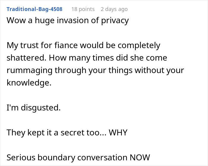 Comment expressing shock over fiancée’s privacy invasion and secret key possession by mother-in-law causing trust issues. - 28