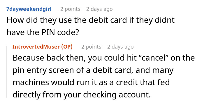 Screenshot of an online discussion explaining how a debit card was used without a PIN, related to theft by a friend’s guest. - 63